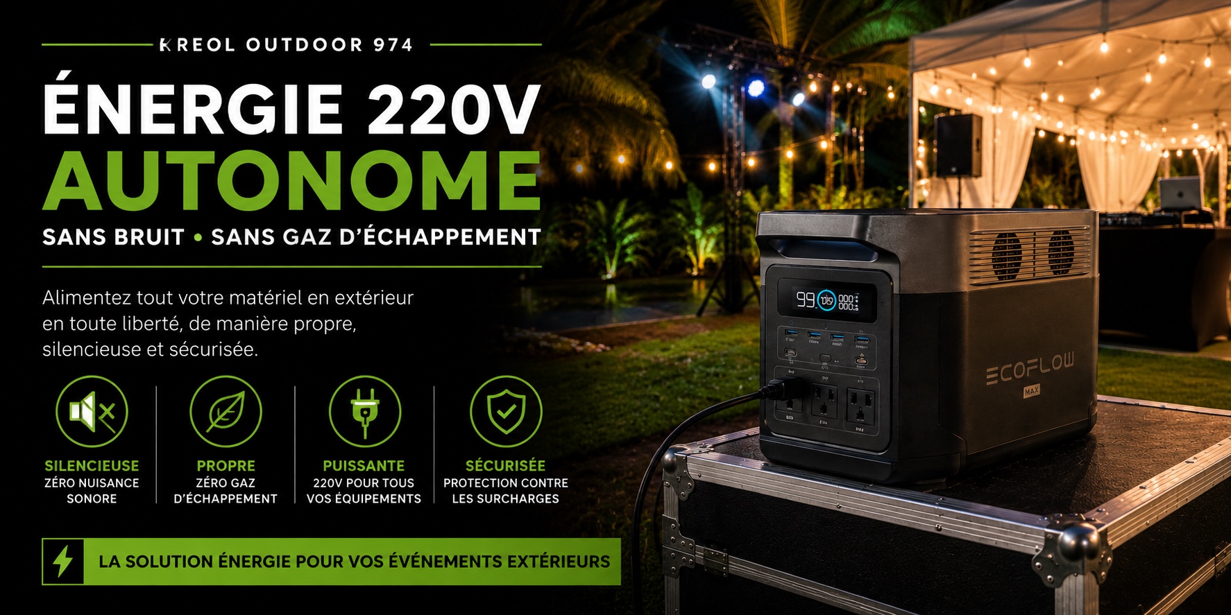 Station d’énergie autonome 220 V silencieuse pour un événement extérieur à La Réunion