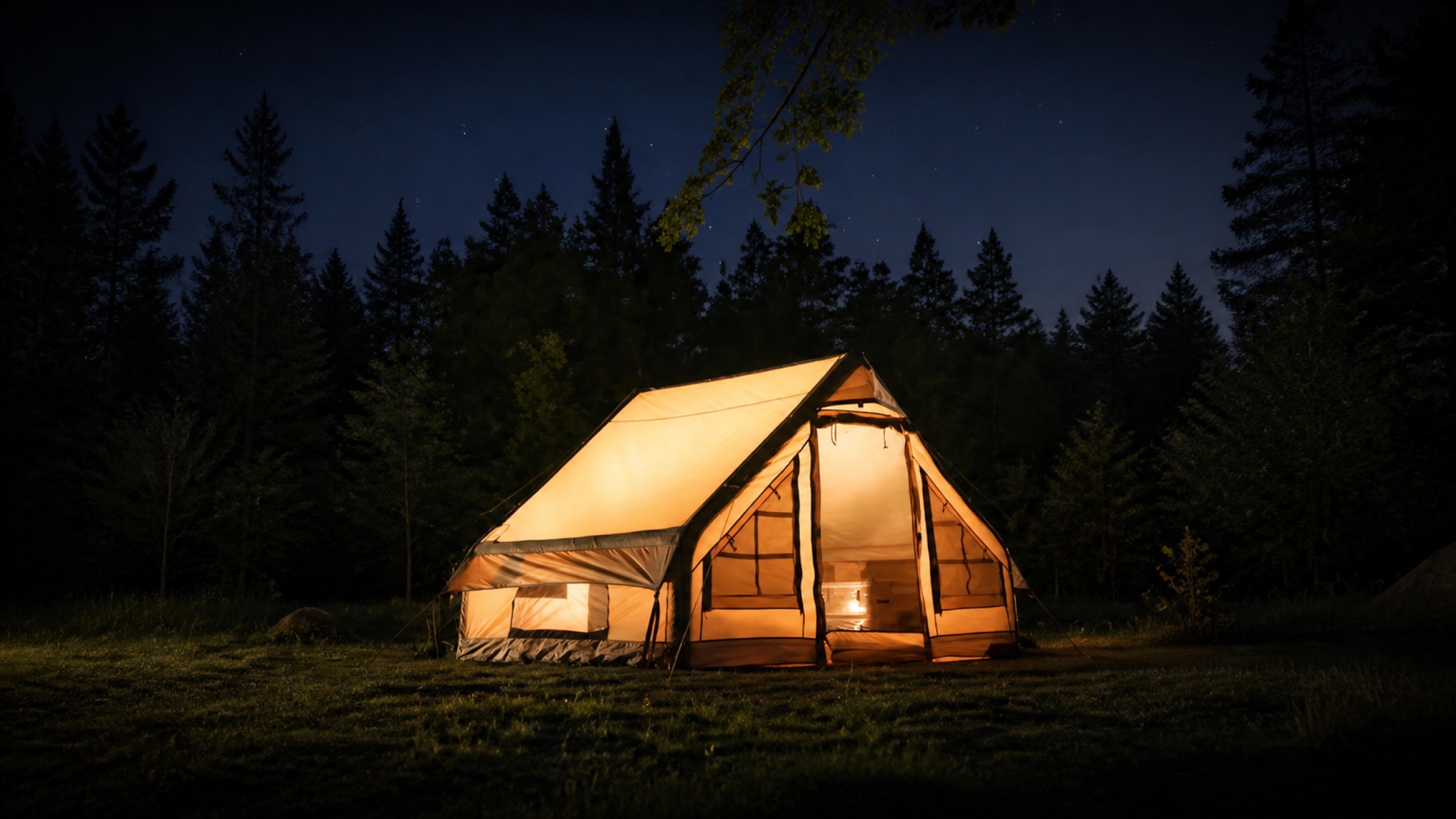 Tente gonflable de camping éclairée de nuit, visible en entier dans un environnement naturel